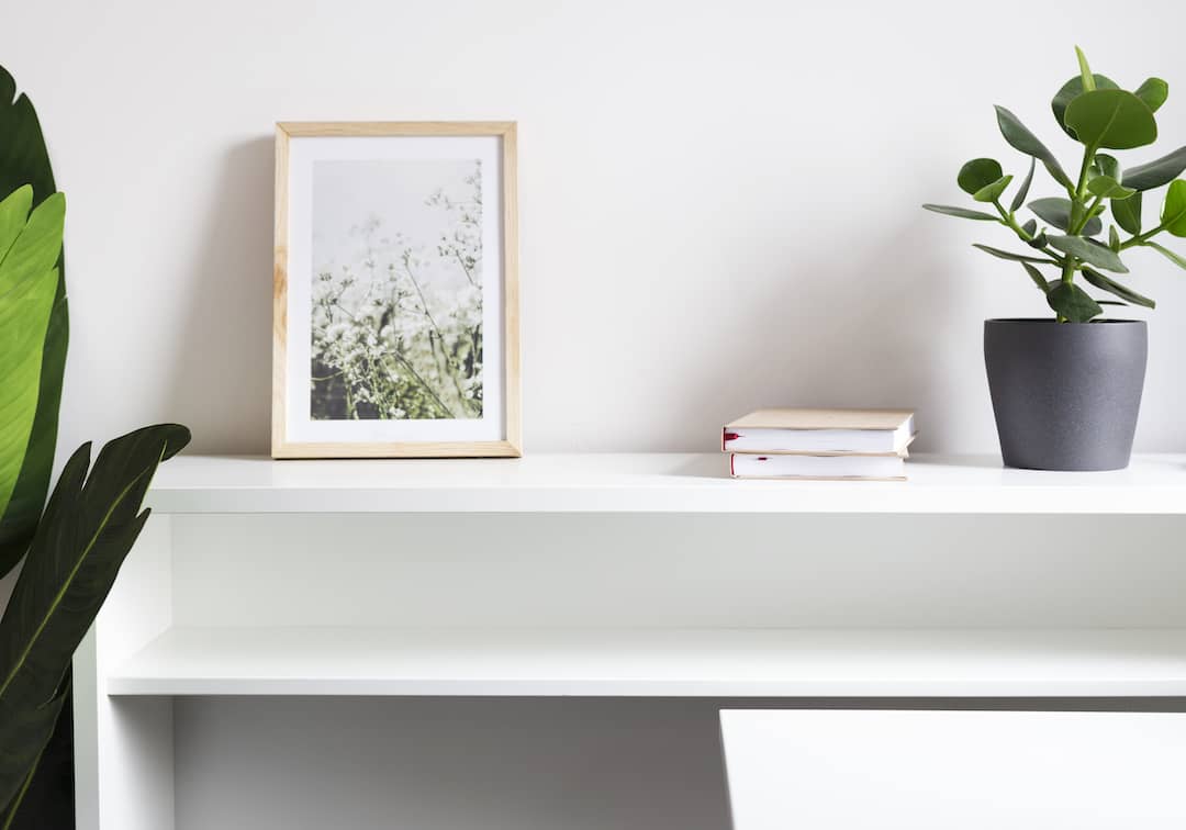 White desk with a framed picture, books, and a plant on a light background