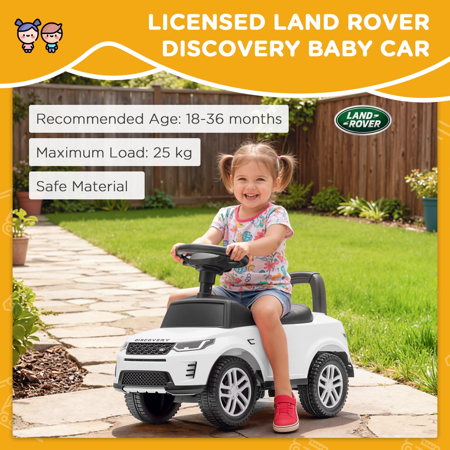 AIYAPLAY Land Rover Licensed Toddler Ride on Car with Horn, Engine Sounds, Under-Seat Storage, for 18-36 Months, White