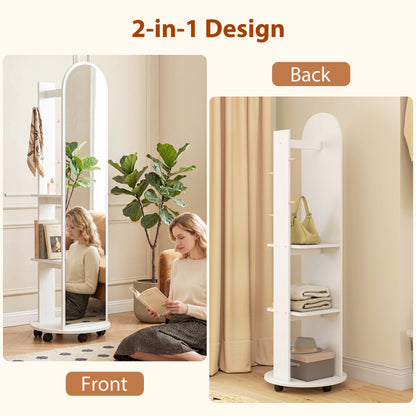 HOMCOM 2-in-1 Full Length Mirror with Storage Shelves, Floor Mirror with 4 Wheels, Coat Rack, Hooks, White