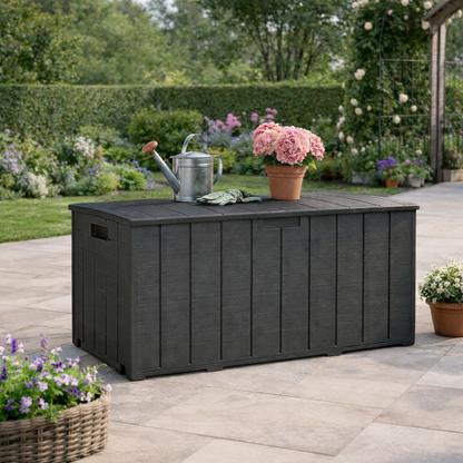 Outsunny 366 Litre Garden Storage Box, Water-resistant Heavy Duty Double Wall Plastic Container, Extra Large Outdoor Garden Furniture Organizer, Deck Cushion Chest with Wheels and Handles, Black