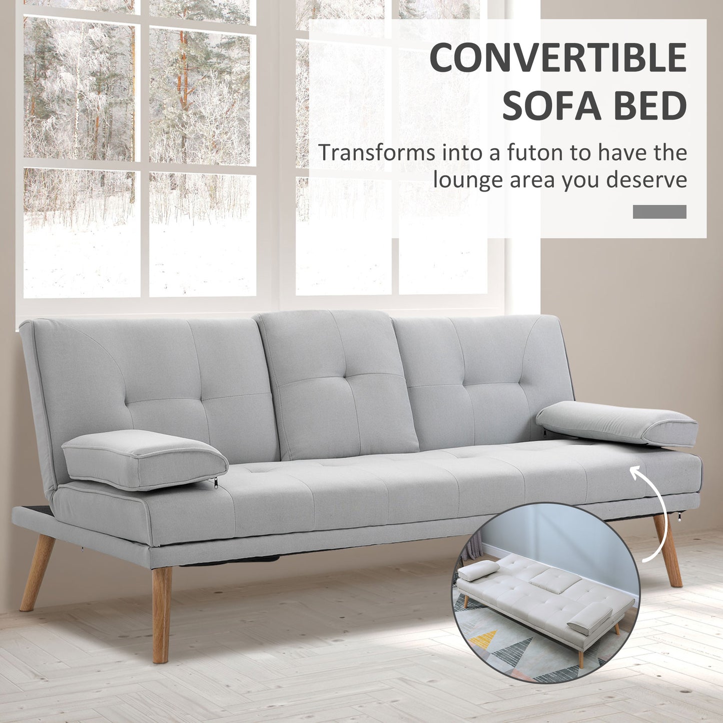 HOMCOM Fabric Click Clack Sofa Bed with 2 Cup Holders, Convertible Futon Settee, Futon Recliner Lounge for Living Room, Spare Room, Bedroom, Grey