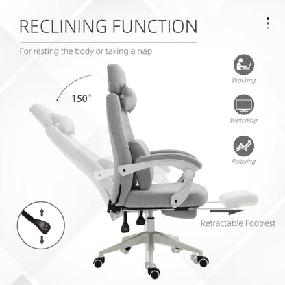 Vinsetto Office Chair, Ergonomic Desk Chair, High Back Fabric Work Chair with 160 Reclining Backrest, Retractable Footrest, Neck and Lumbar Pillow for Home and Study, Grey