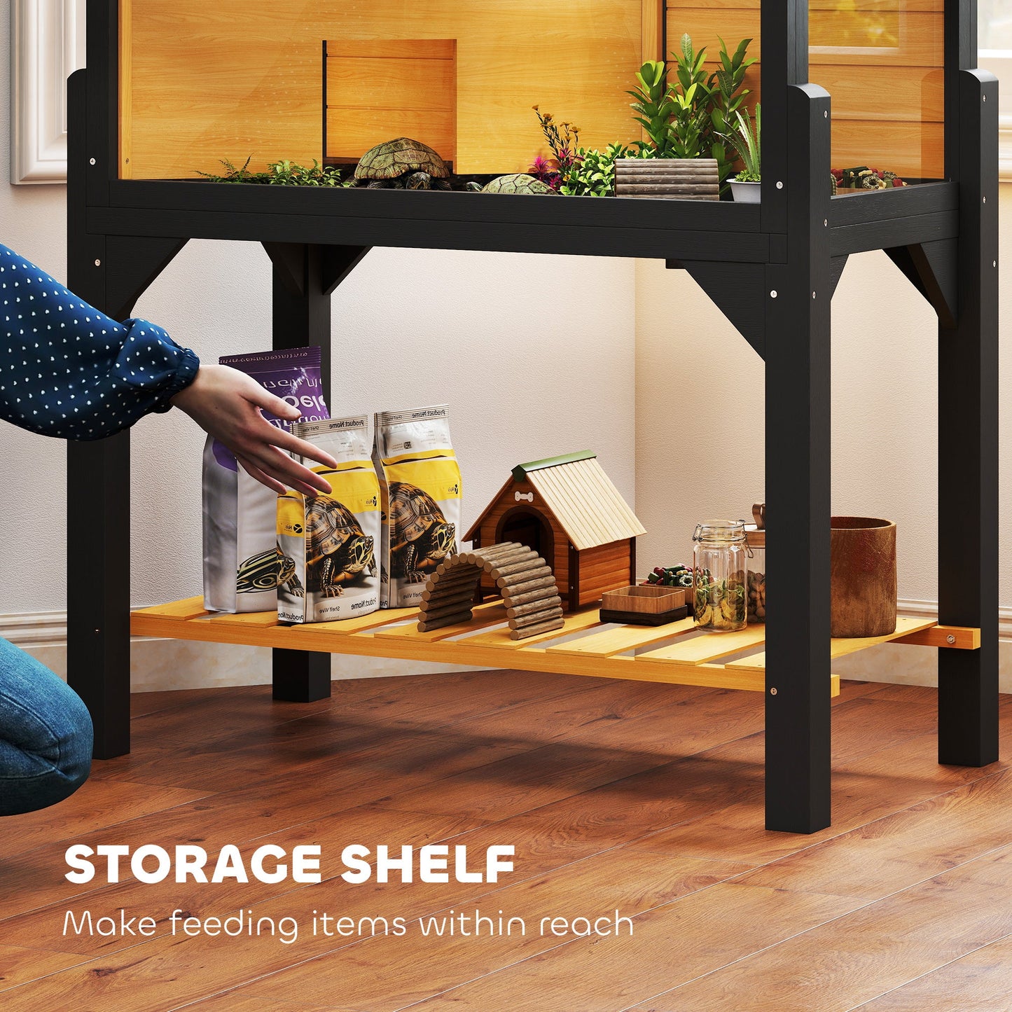 PawHut Wooden Tortoise House with Storage Shelf, Clear Observation Windows, Lamp Holder, Openable Top, Built-in Tray, Yellow