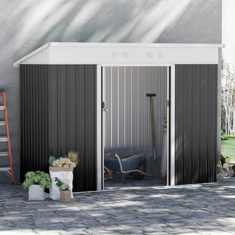 Outsunny 7.6 x 4.3ft Garden Storage Shed with Lockable Sliding Doors and Ventilation, Metal Garden Tool Storage House, Dark Grey