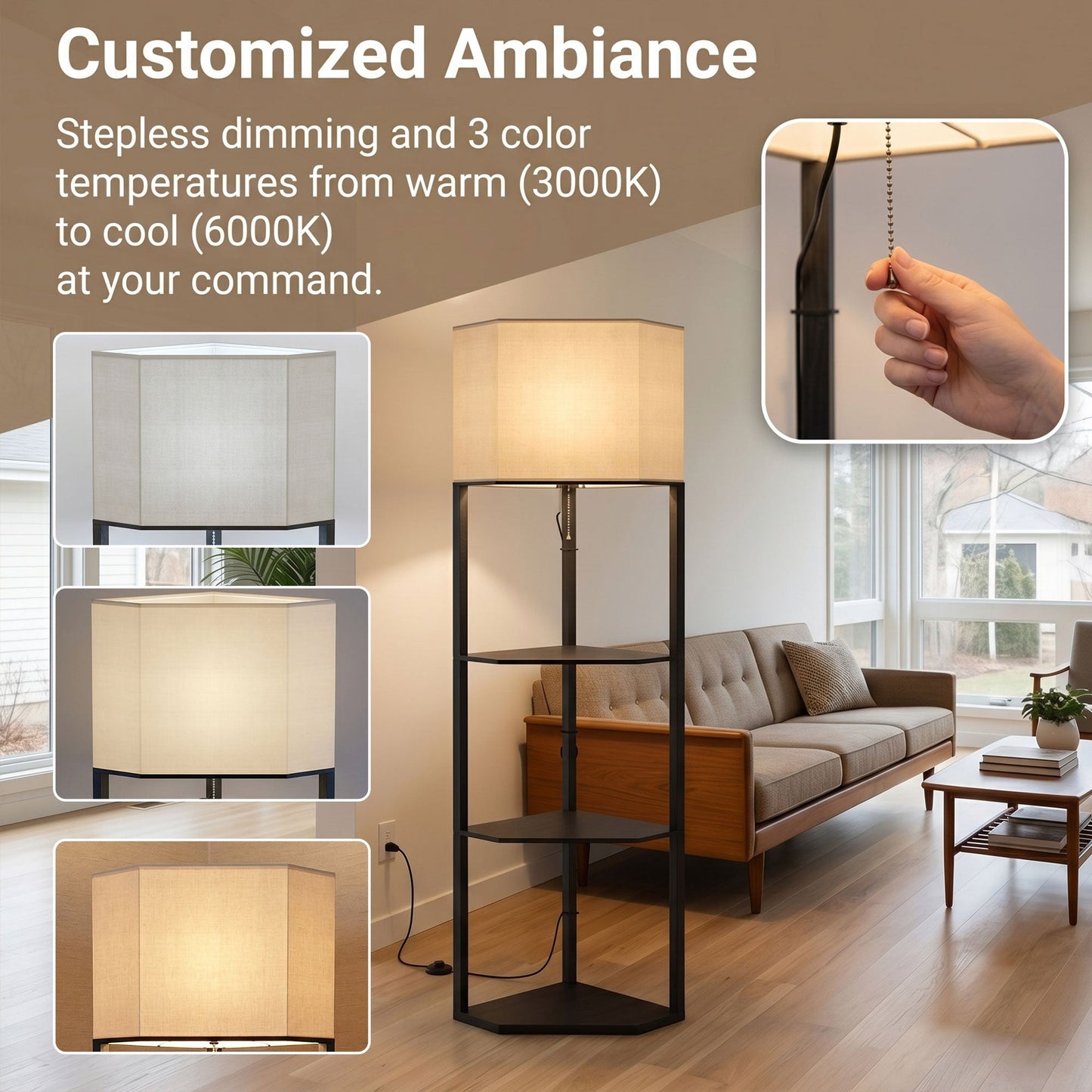 HOMCOM Corner Floor Lamp with Shelves and Lights, Modern Dimmable Standing Lamp with 3000K/4000K/6000K Colour Temperature