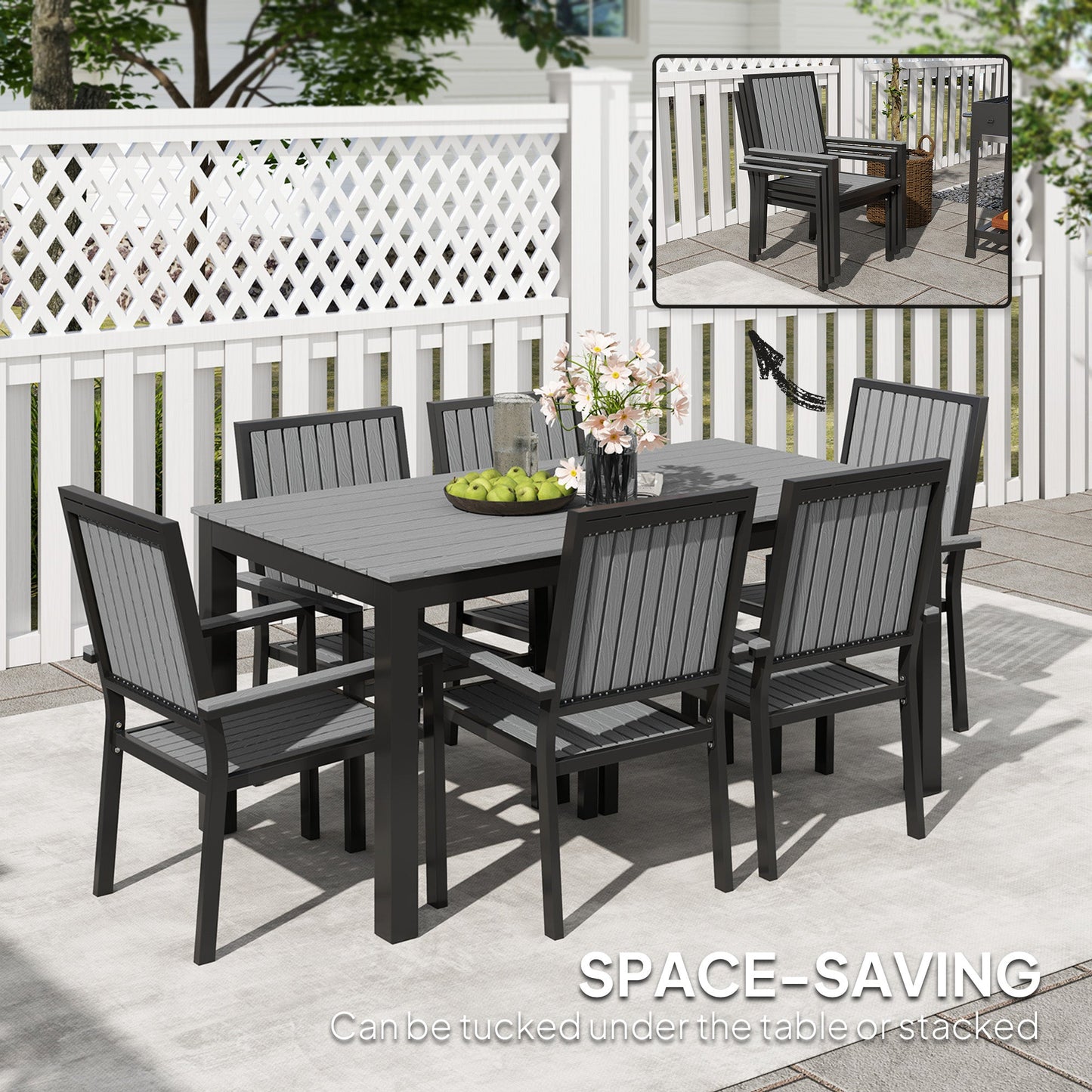 Outsunny 6 Seater Garden Dining Set with Stackable Chairs, Aluminium Frame, Rectangular Plastic Top, Garden Furniture Set, Outdoor Dining Table and Chairs for Patio, Balcony, Poolside, Grey