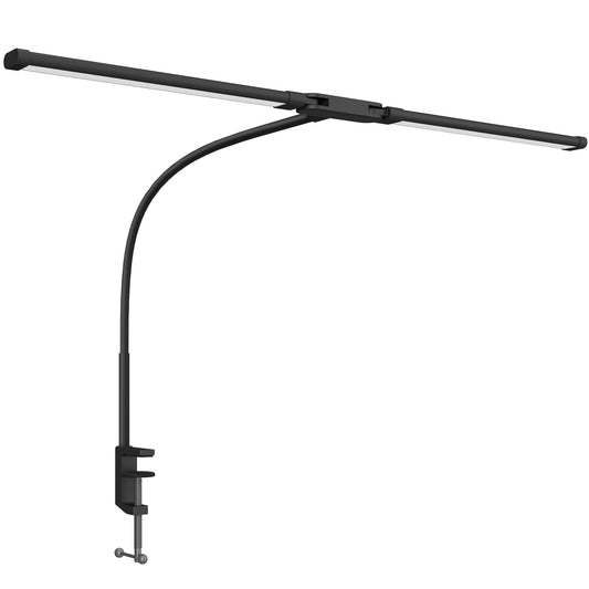 HOMCOM LED Desk Lamp with Clamp, Double Head Table Lamp with 3 Colour Modes & 10 Brightness Levels, Flexible Gooseneck Reading Desk Light with Timer and Memory Function for Study, Office, Work, Black
