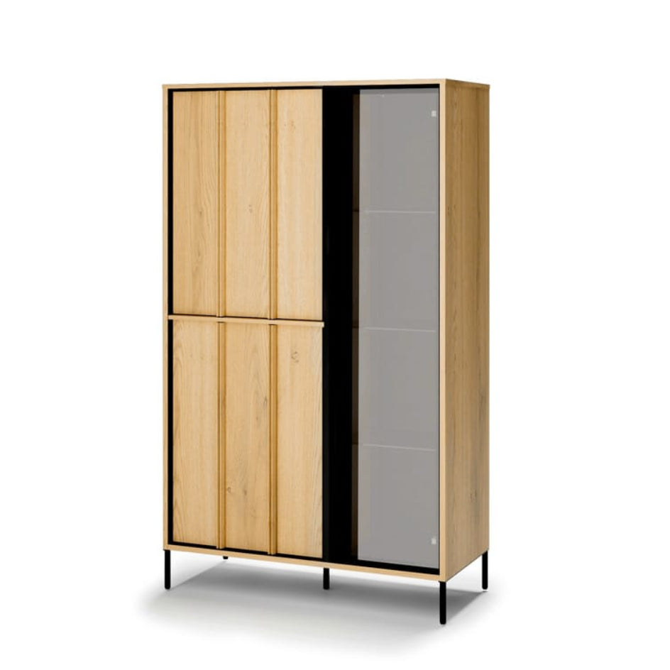 Wooden cabinet with a black accent on a white background