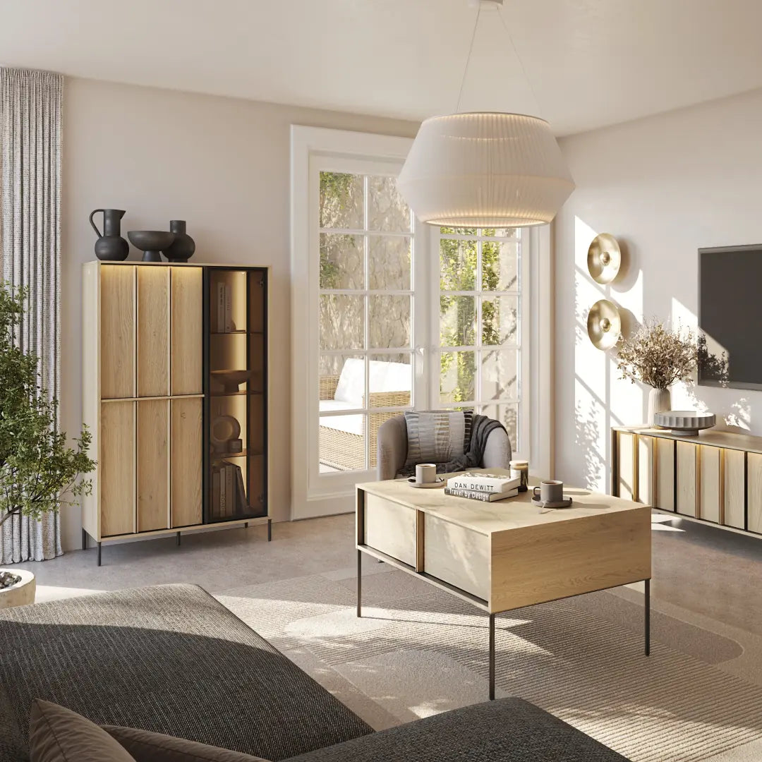 Modern living room with wooden furniture and decor