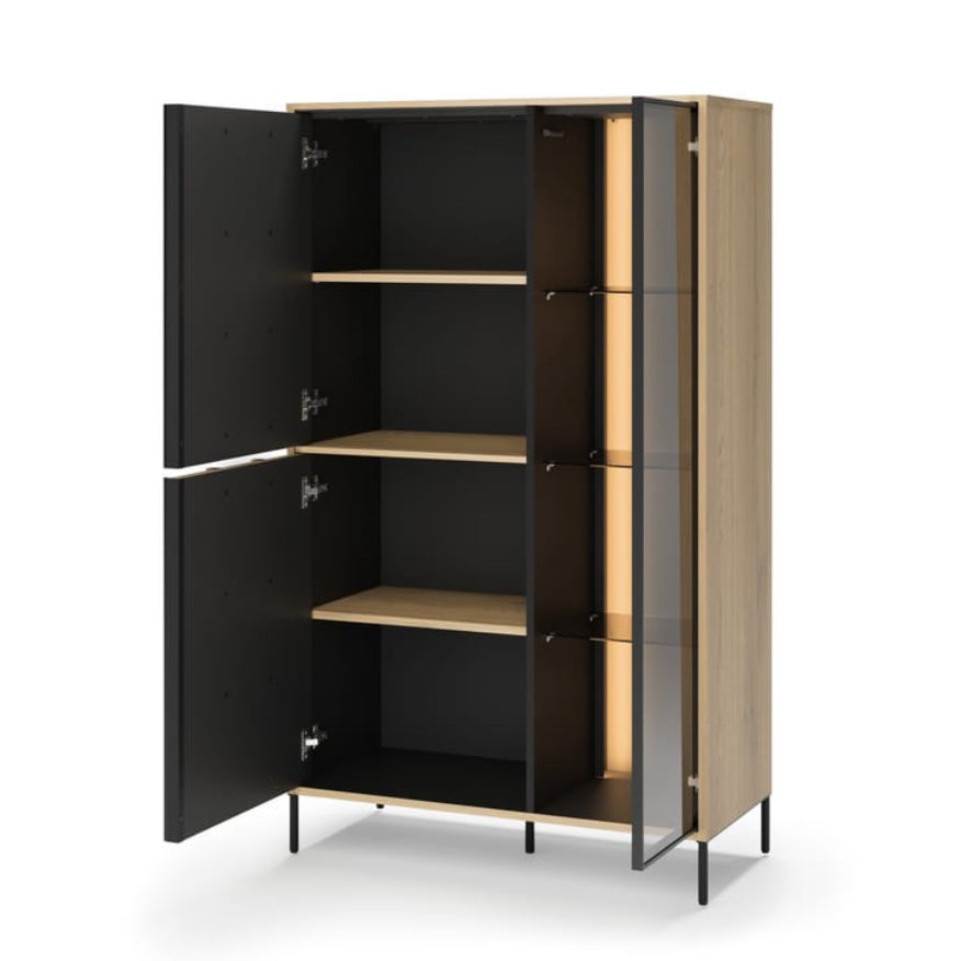 Modern cabinet with black and beige doors on a white background
