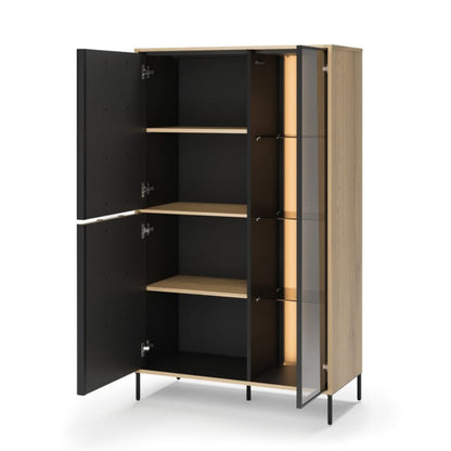 Modern cabinet with black and beige doors on a white background