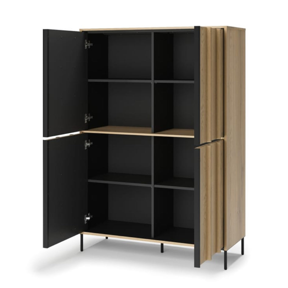 Two-toned cabinet with open doors on a white background