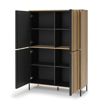 Two-toned cabinet with open doors on a white background