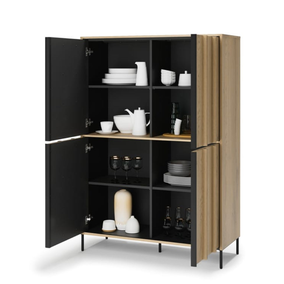 Modern kitchen cabinet with open doors displaying various kitchenware on a white background