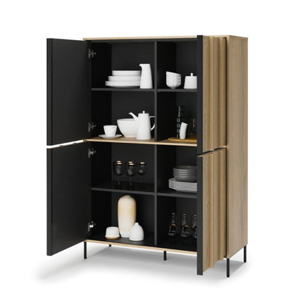Modern kitchen cabinet with open doors displaying various kitchenware on a white background