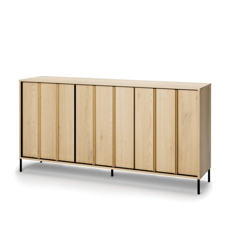 Wooden sideboard with black legs on a white background