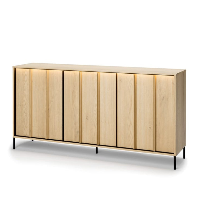 Wooden cabinet with horizontal slats on a white background