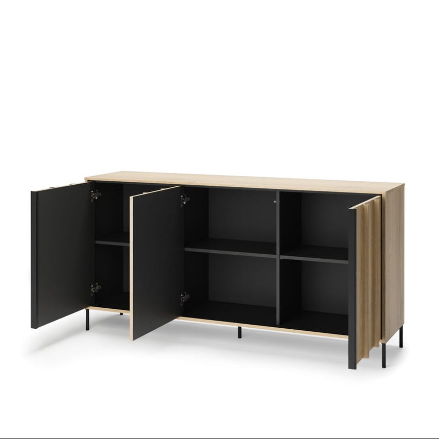 Modern cabinet with open doors on a white background