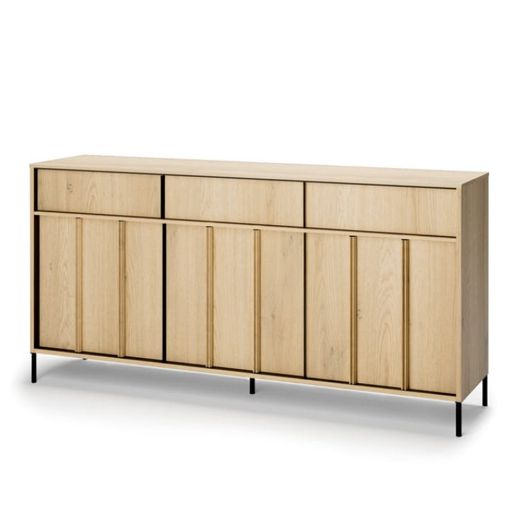 Wooden sideboard with a minimalist design on a white background