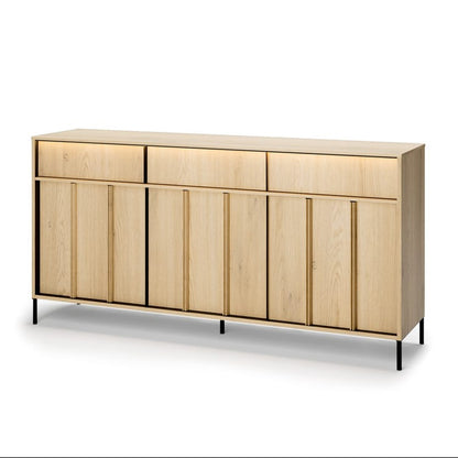 Wooden sideboard with black legs on a white background