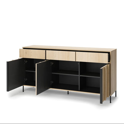 Modern sideboard with open doors on a white background