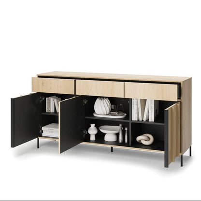 Modern sideboard with open doors displaying decorative items on a white background