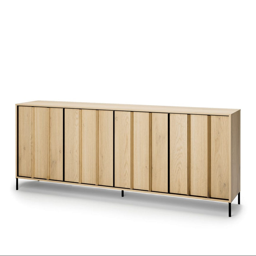 Wooden sideboard with black legs on a white background
