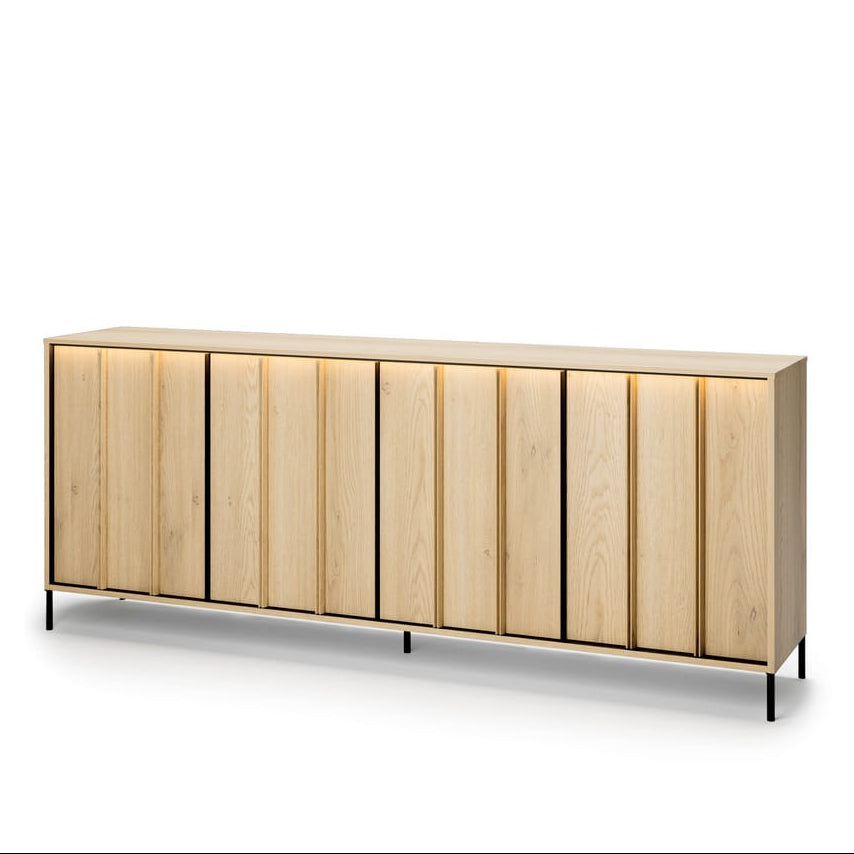 Wooden sideboard with horizontal slats on a white background