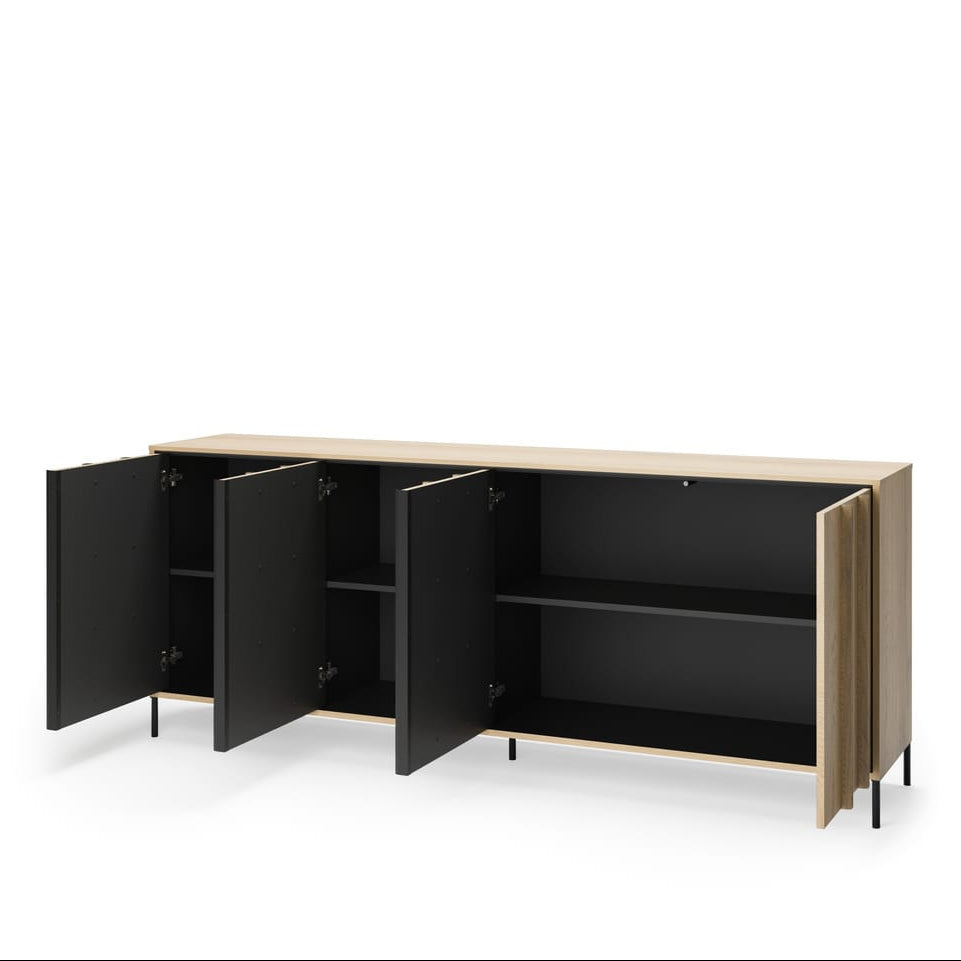 Modern cabinet with open doors on a white background