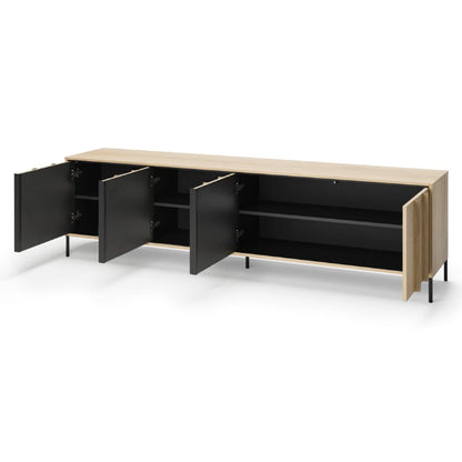 Modern sideboard with open doors on a white background