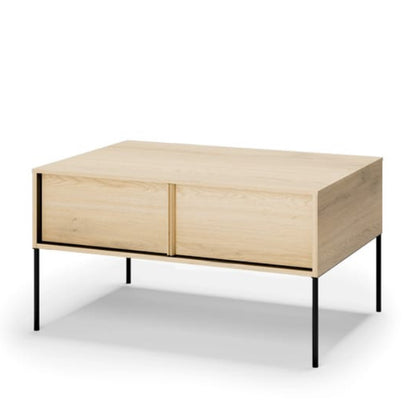 Wooden side table with black legs on a white background