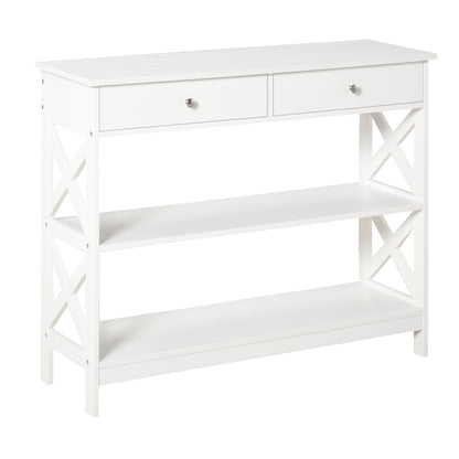 HOMCOM Console Table Side Desk w/ Shelves Drawers Open Top X Support Frame Living Room Hallway Home Office Furniture White