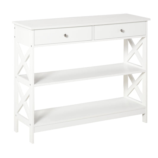 HOMCOM Console Table Side Desk w/ Shelves Drawers Open Top X Support Frame Living Room Hallway Home Office Furniture White