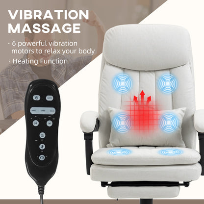 Vinsetto Vibration Massage Office Chair w/ Heat, Microfibre Computer Chair w/ Footrest, Lumbar Support Pillow, Armrest, Reclining Back, Cream White