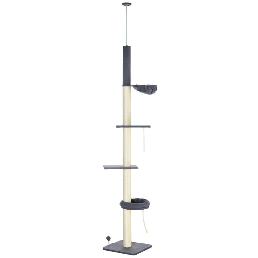 PawHut 240-270cm Floor-To-Ceiling Cat Tree, 5 Tier Cat Climbing Tower, with Bed, Hammock, Platforms, Dark Grey and Cream