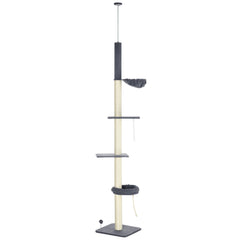 PawHut 240-270cm Floor-To-Ceiling Cat Tree, 5 Tier Cat Climbing Tower, with Bed, Hammock, Platforms, Dark Grey and Cream