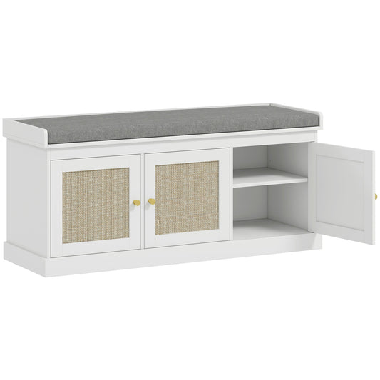 HOMCOM Shoe Storage Bench with Woven Rattan Doors, Seat - White