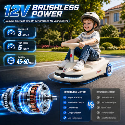 AIYAPLAY 12V Electric Wiggle Car with Pedal, Kids Electric Car with 2 Speeds, Soft Start, Music, Lights for 3-5 Years, White