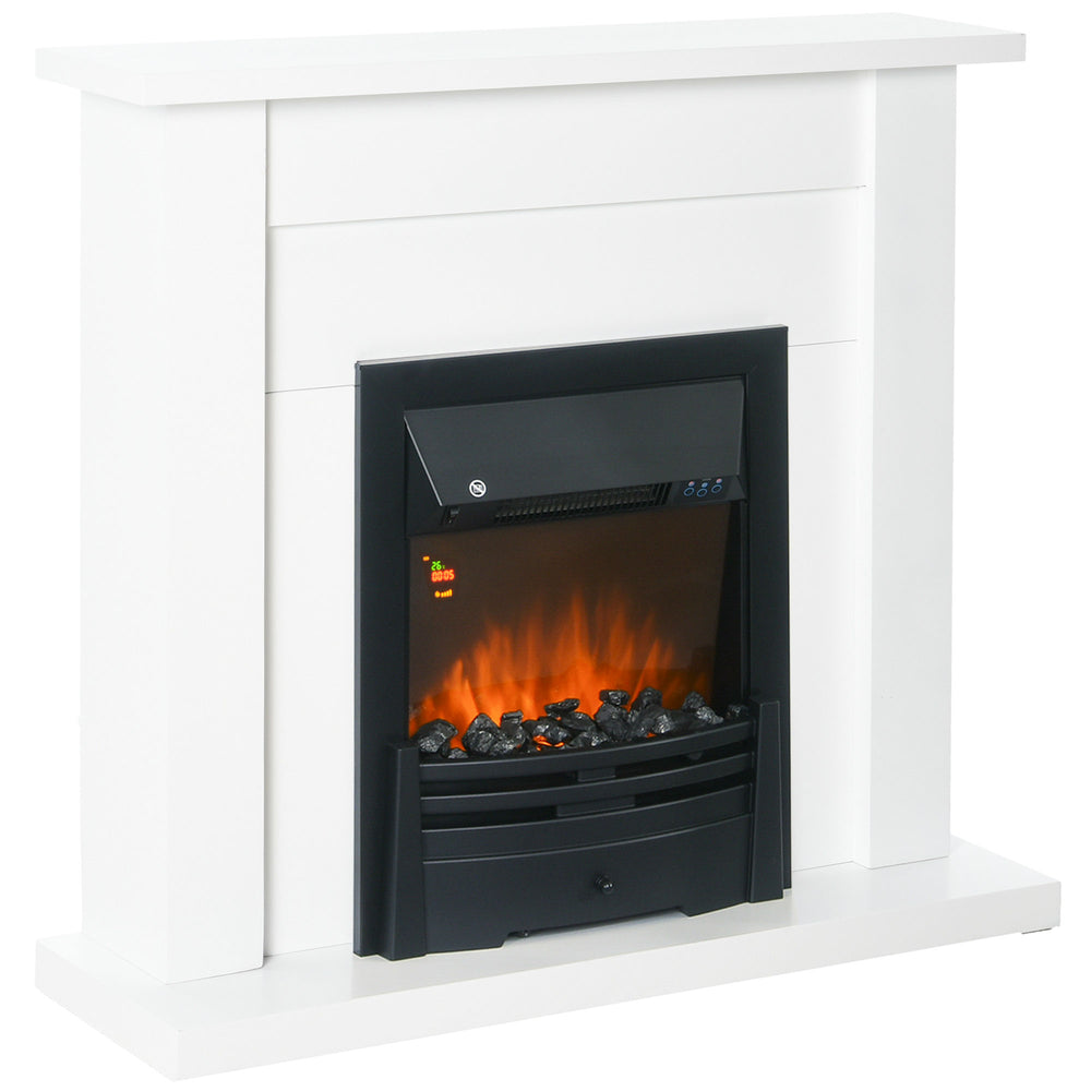 HOMCOM 40" Electric Firplace Suites & Mantelpiece w/LED Flames Remote Marble Stone Modern Curved Surround Intelligent Safe Adjustable Thermal 1000W/2000W