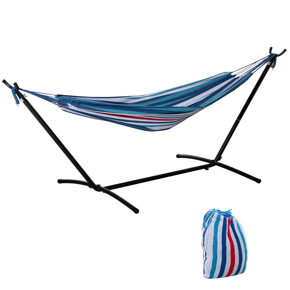 Outsunny 298 x 117cm Hammock with Stand Camping Hammock with Portable Carrying Bag, Adjustable Height, 120kg Load Capacity, Blue and White Stripe