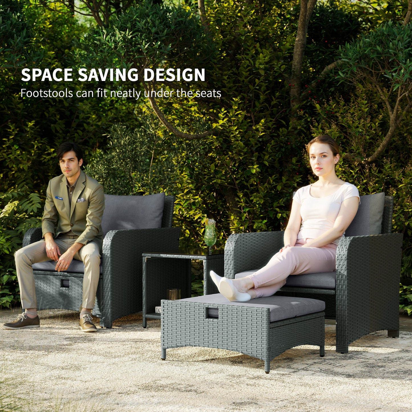 Outsunny Five Piece Rattan Garden Furniture Set with 2-Tier Coffee Table and Ottomans - Grey