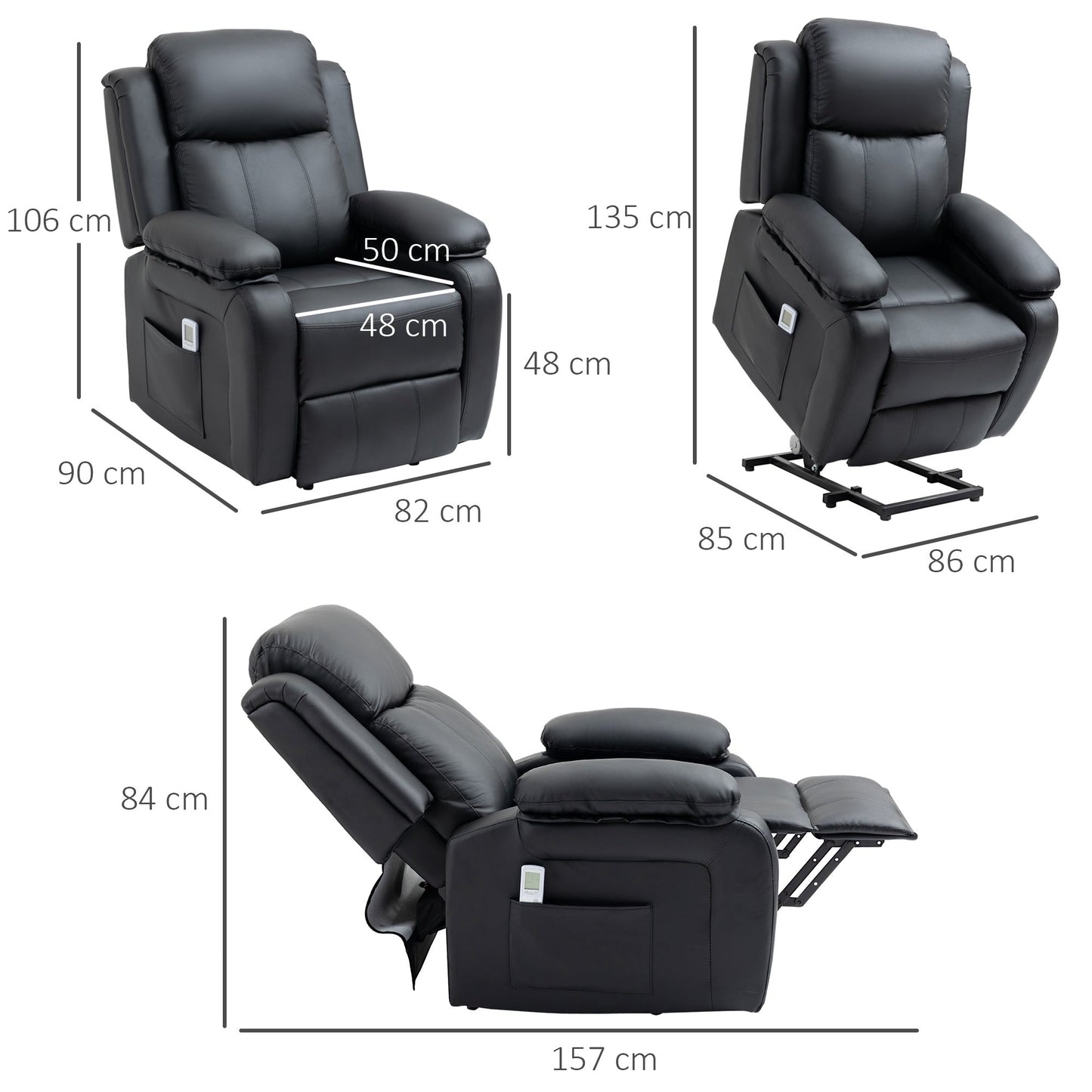 Electric Power Lift Recliner Chair Vibration Massage Reclining Chair with Remote Control and Side Pocket, Black