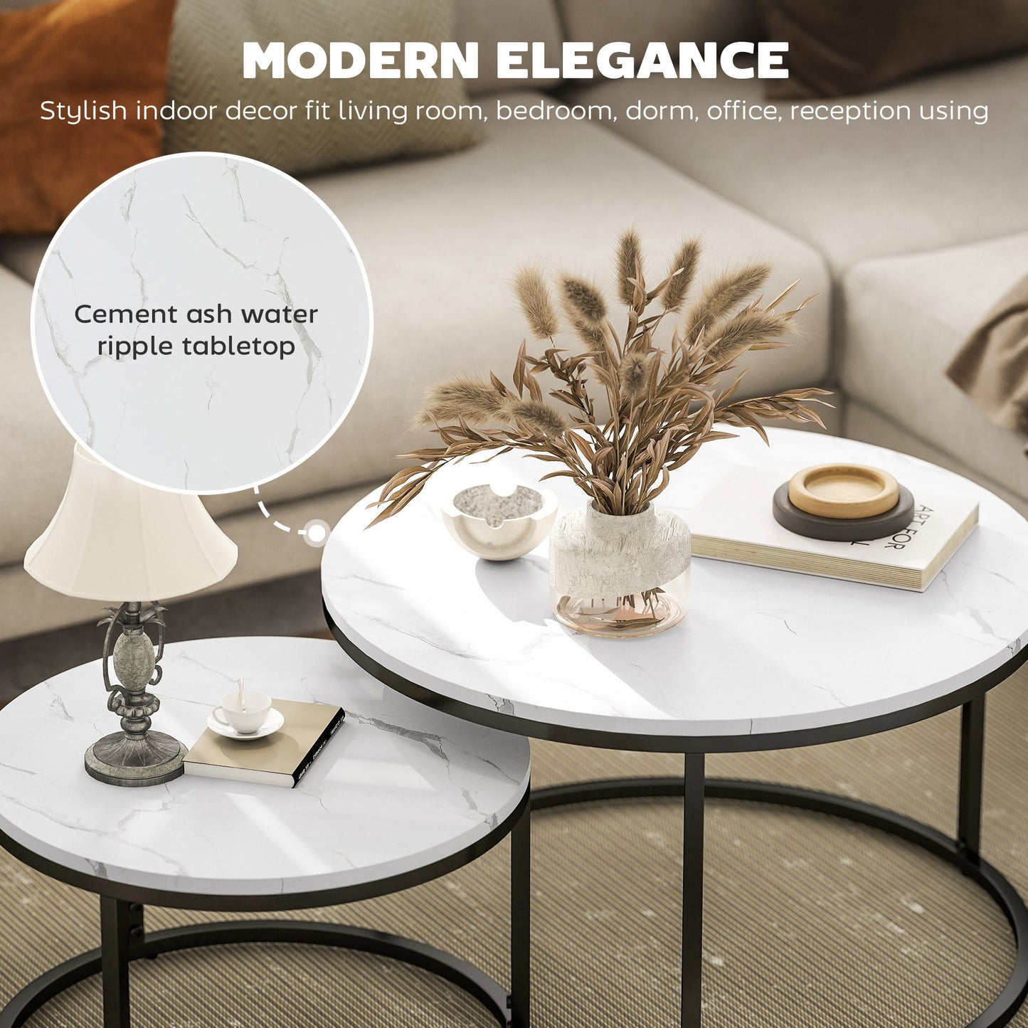 HOMCOM Set of Two Marble-Effect Stacking Tables - Black/White