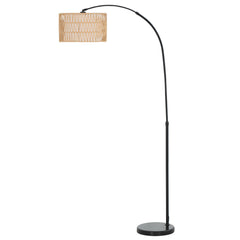 HOMCOM Rattan Floor Lamp for Living Room, Farmhouse Arc Standing Lamp with Dual-Layer Shade & Foot Switch, Height Adjustable Minimalist Tall Pole Lampshade for Bedroom, Office, Black