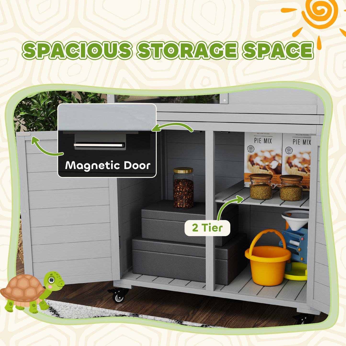 PawHut Wooden Tortoise House with Storage Cabinet, Openable Top, Lamp Holder, Windows, Light Grey