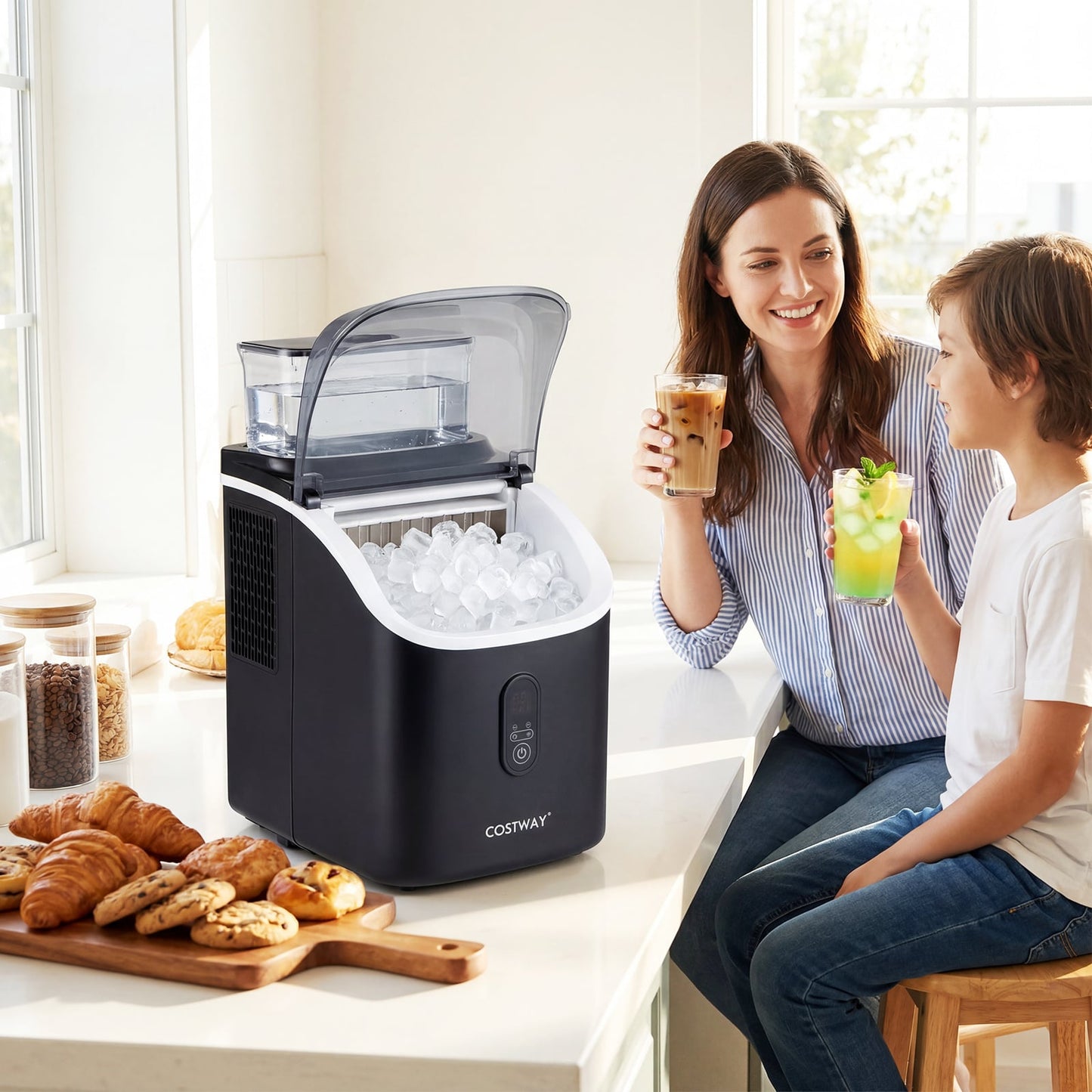 Ice Cube Maker Countertop w/ External Tank & Self-Cleaning 13 Thickness Levels-Black