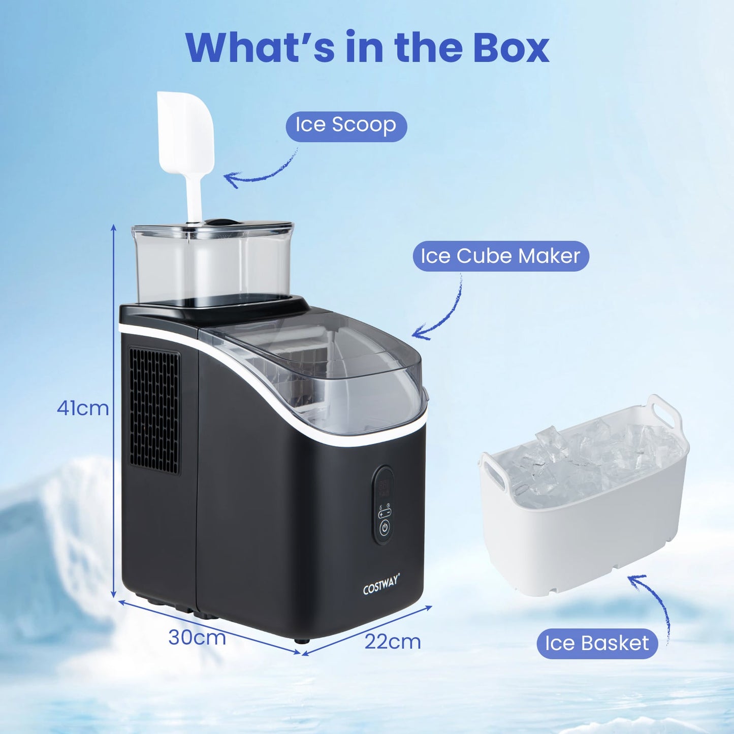 Ice Cube Maker Countertop w/ External Tank & Self-Cleaning 13 Thickness Levels-Black