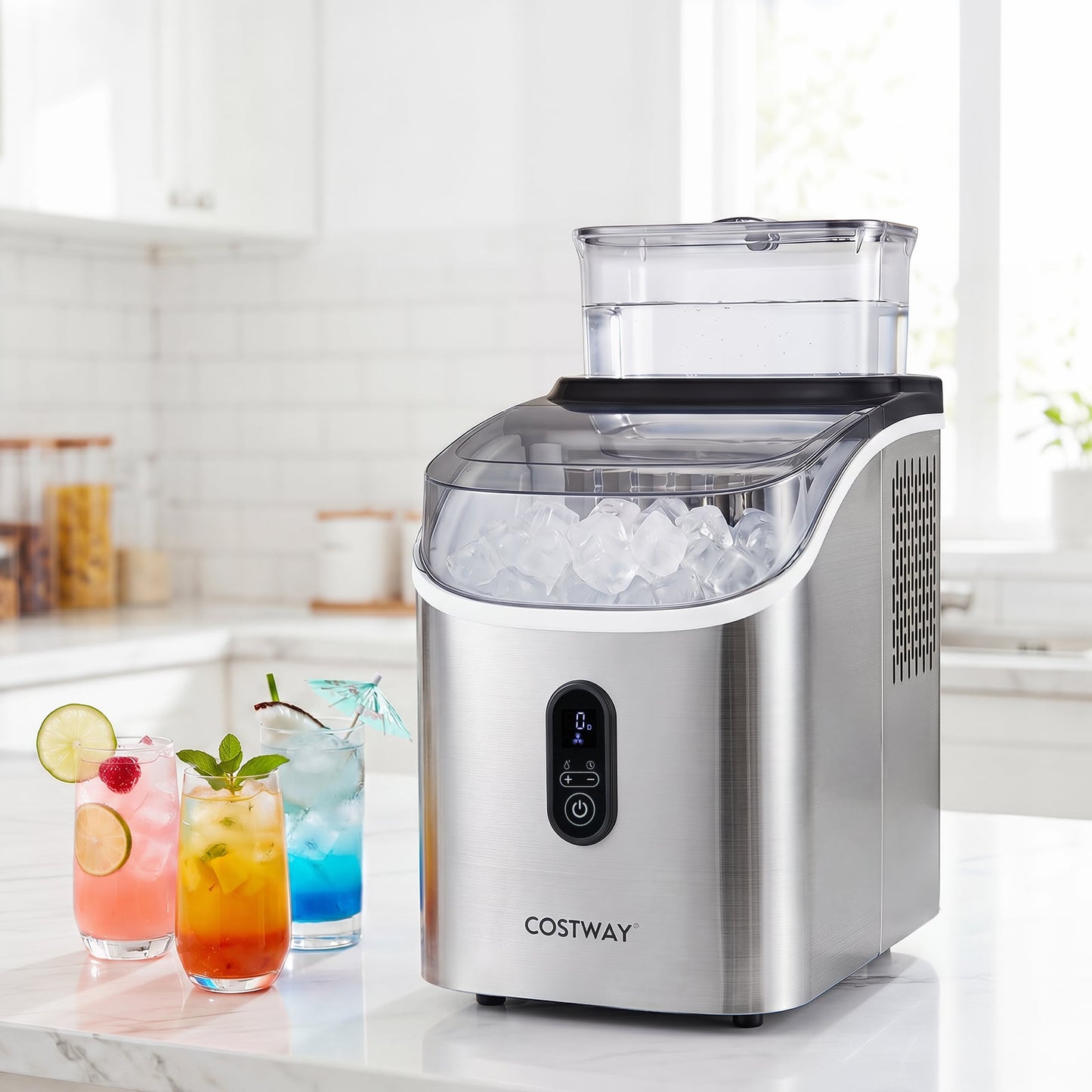 Ice Cube Maker Countertop w/ External Tank & Self-Cleaning 13 Thickness Levels-Silver