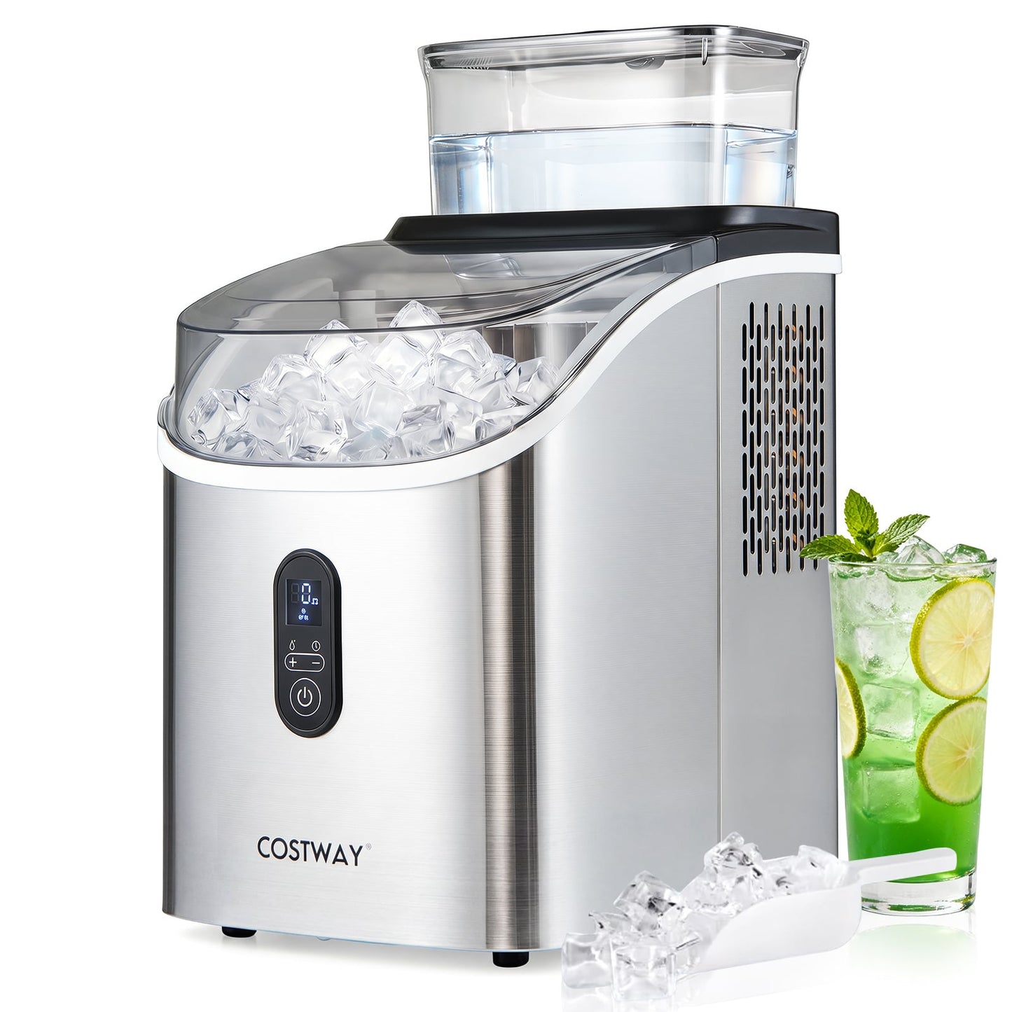 Ice Cube Maker Countertop w/ External Tank & Self-Cleaning 13 Thickness Levels-Silver