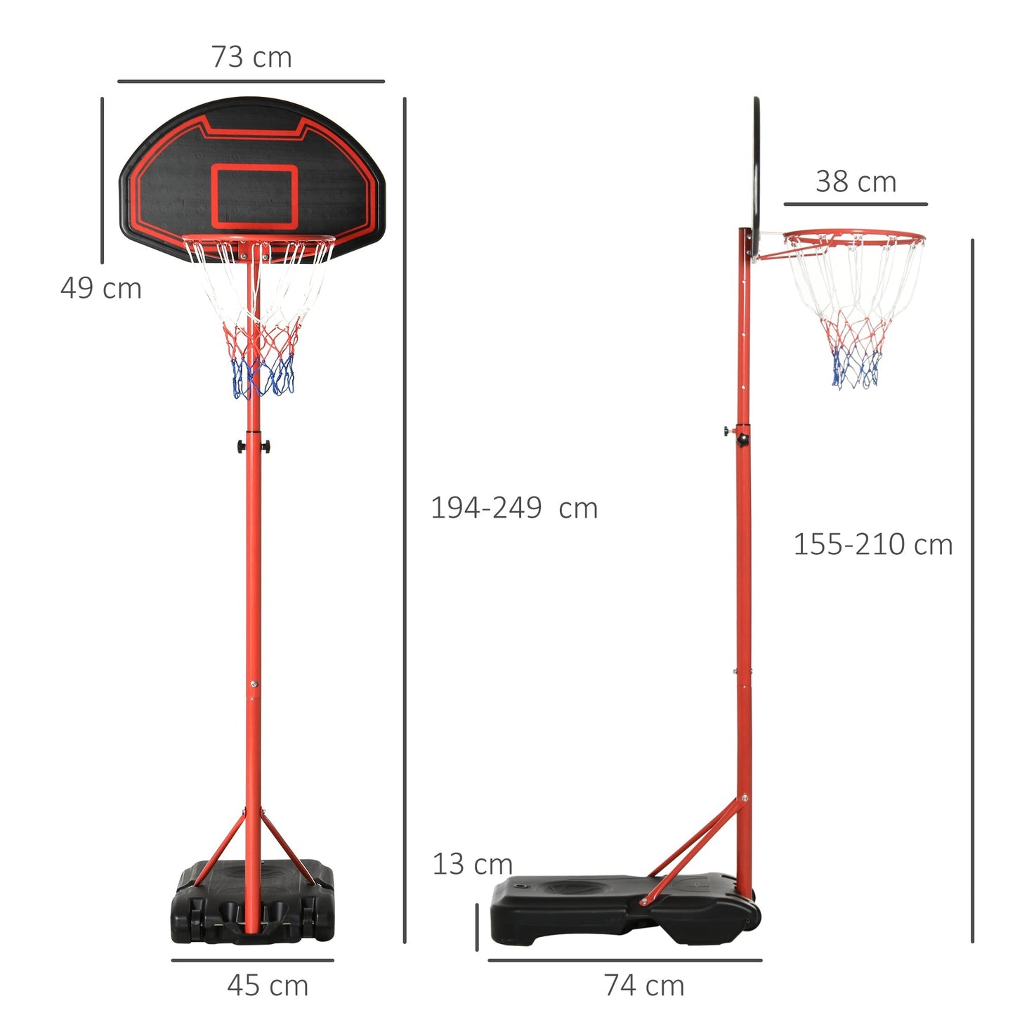 HOMCOM Basketball Hoop Outdoor, Portable Basketball Hoop and Stand with Weighted Base, Portable on Wheels, 1.55-2.1m, for Teens, Juniors, Adults, Black